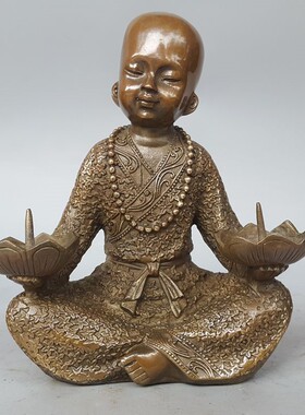 复古纯铜小和尚童子烛台罗汉童子莲花烛台家居供创意蜡台风水铜器