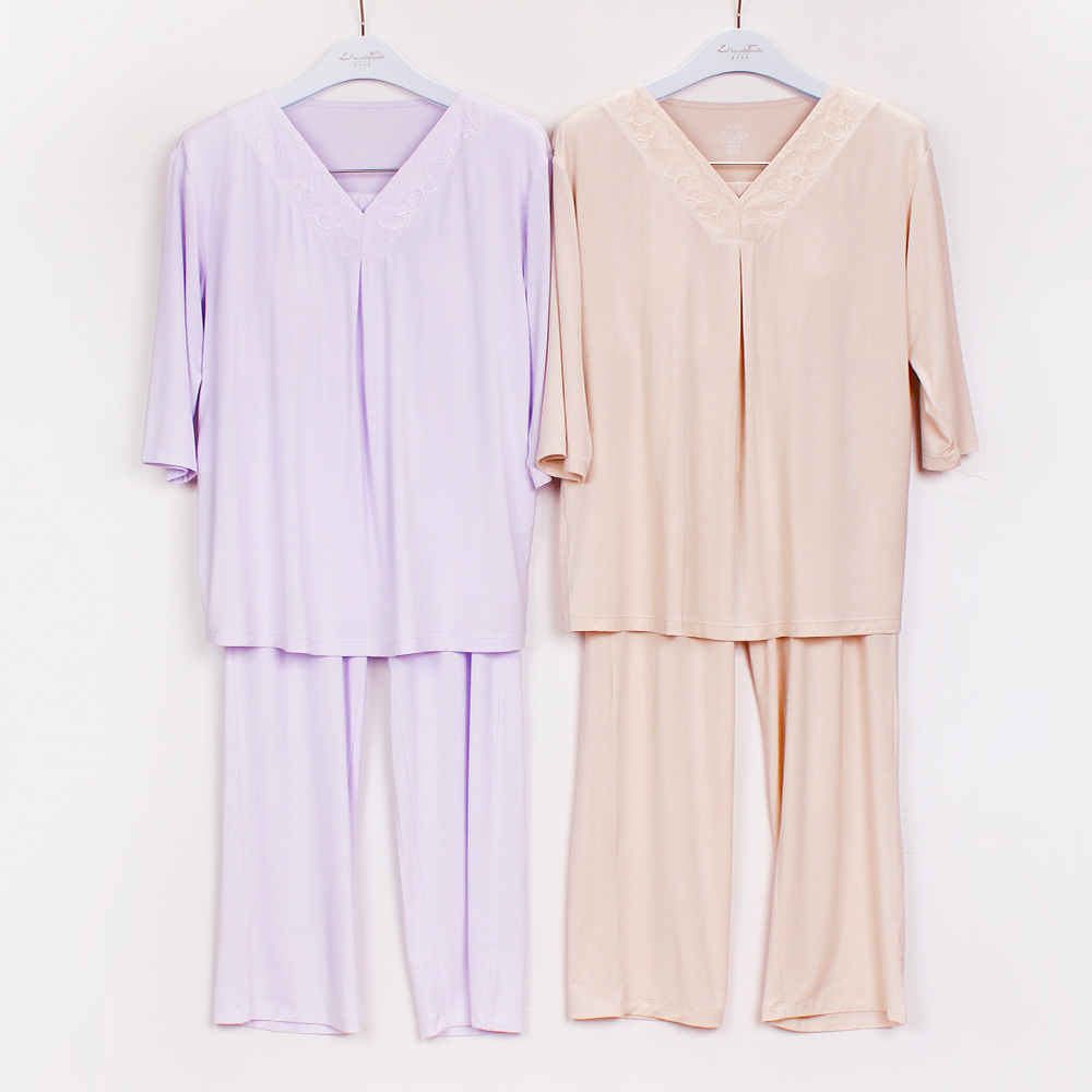 曼*芬25春夏新品女带杯蕾丝V领中袖长裤套装家居服睡衣20311504