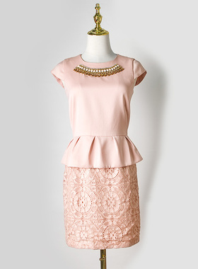 杰西卡 jessica春秋通勤假两件水钻蕾丝短袖连衣裙女裙子225274