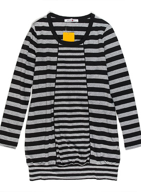 皇冠西西380春秋圆领条纹宽松长袖中长款t恤打底衫D9516F