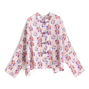 衬衫 大象印花苎麻宽松长袖 上衣女2285 盘扣蝙蝠袖 春秋改良中式