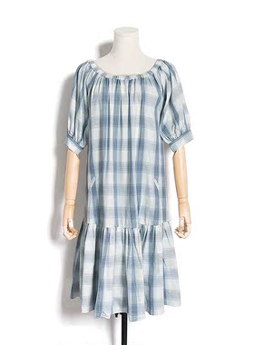 西J 柜1720杰家法式复古减龄泡泡袖格子一字肩连衣裙长裙 B0317B