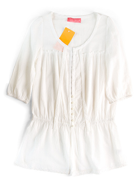 皇冠西西420夏季复古薄款圆领中袖纯色中长款衬衫上衣W82230