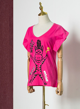 美式复古个性V领卡通驴子字母印花串珠短袖T恤打底衫玫粉色W13462