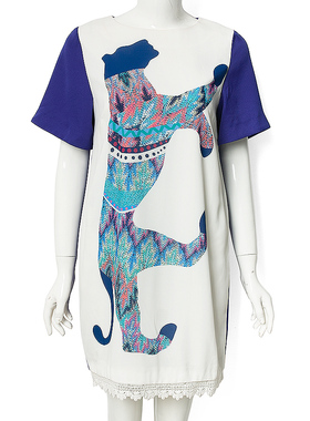 杰西卡jessica2290优雅豹动物图案印花蕾丝短袖连衣裙女24347A