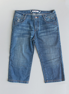 皇冠西西蓝色百搭瓢虫图案直筒牛仔休闲裤女清仓尾货D82123