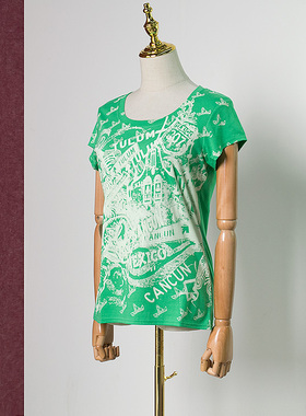 CROWNCC美式复古拼接印花短袖女T恤210专柜折扣W73469