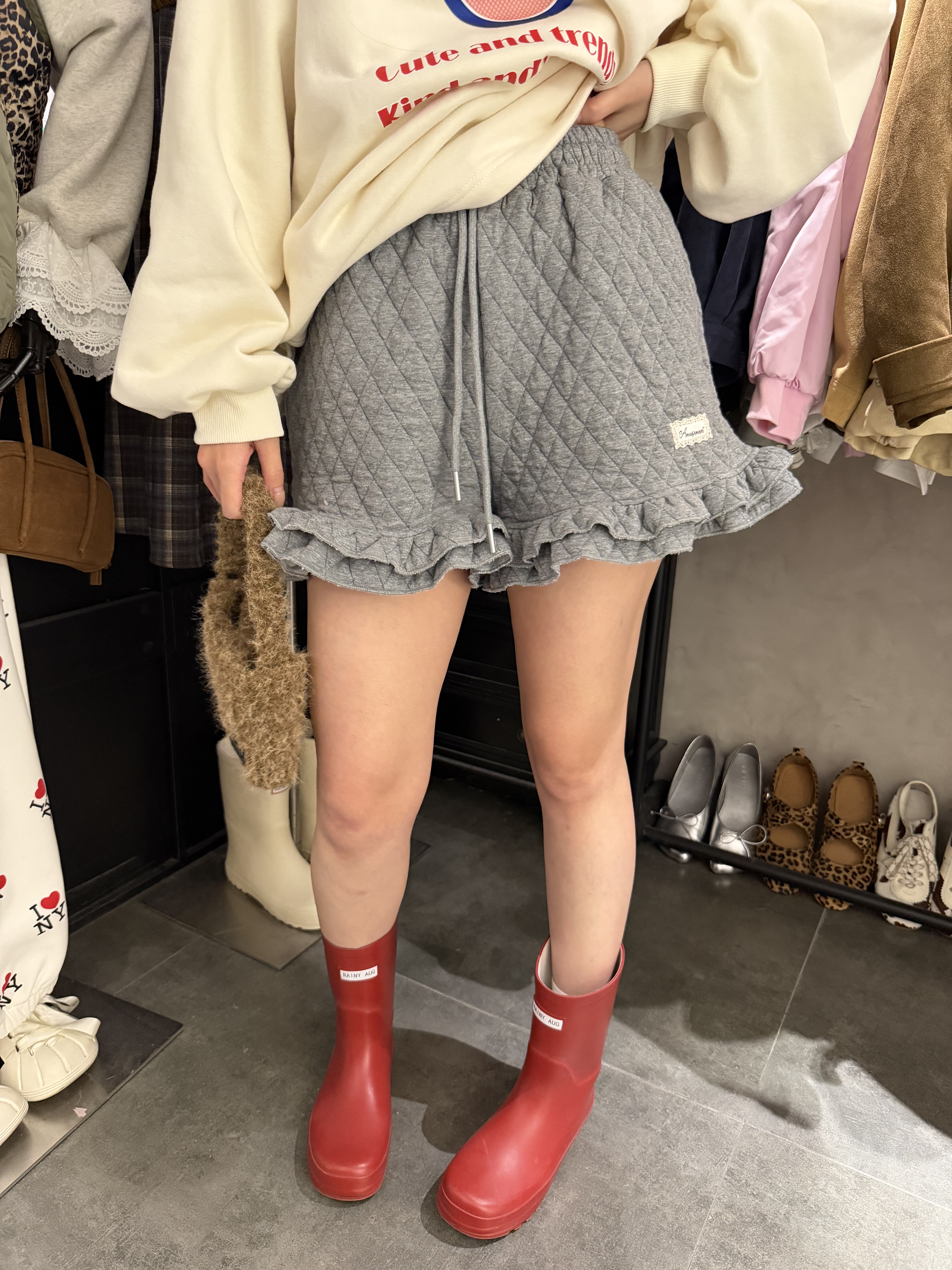 韩系女装2025新款时尚百搭显瘦松紧腰荷叶边抽绳华夫格休闲短裤