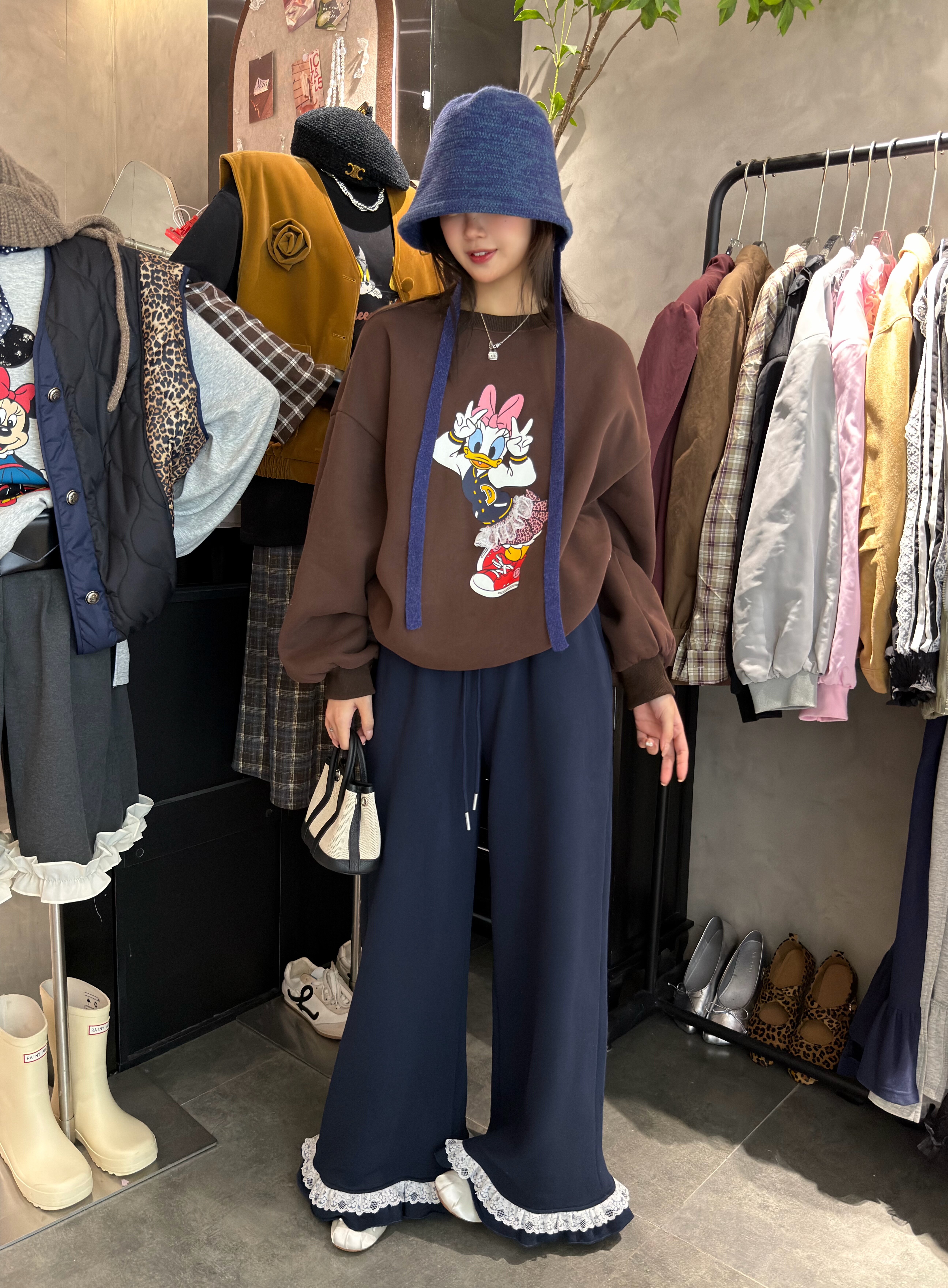 韩国东大门2025新款时尚百搭显瘦木耳边拼接加绒卫裤灯笼裤长裤