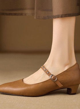 陆大叔~极简风3CM粗跟圆头浅口一字带真皮女鞋工作鞋通勤女鞋单鞋