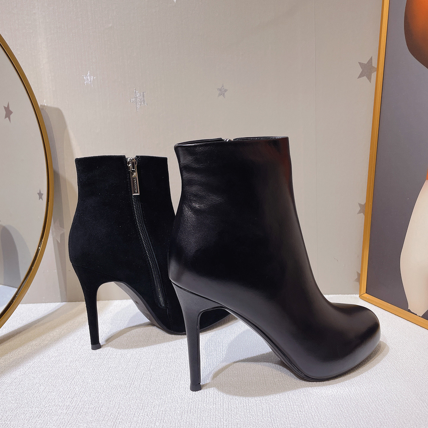 圆头细跟高跟真皮短靴时尚女靴