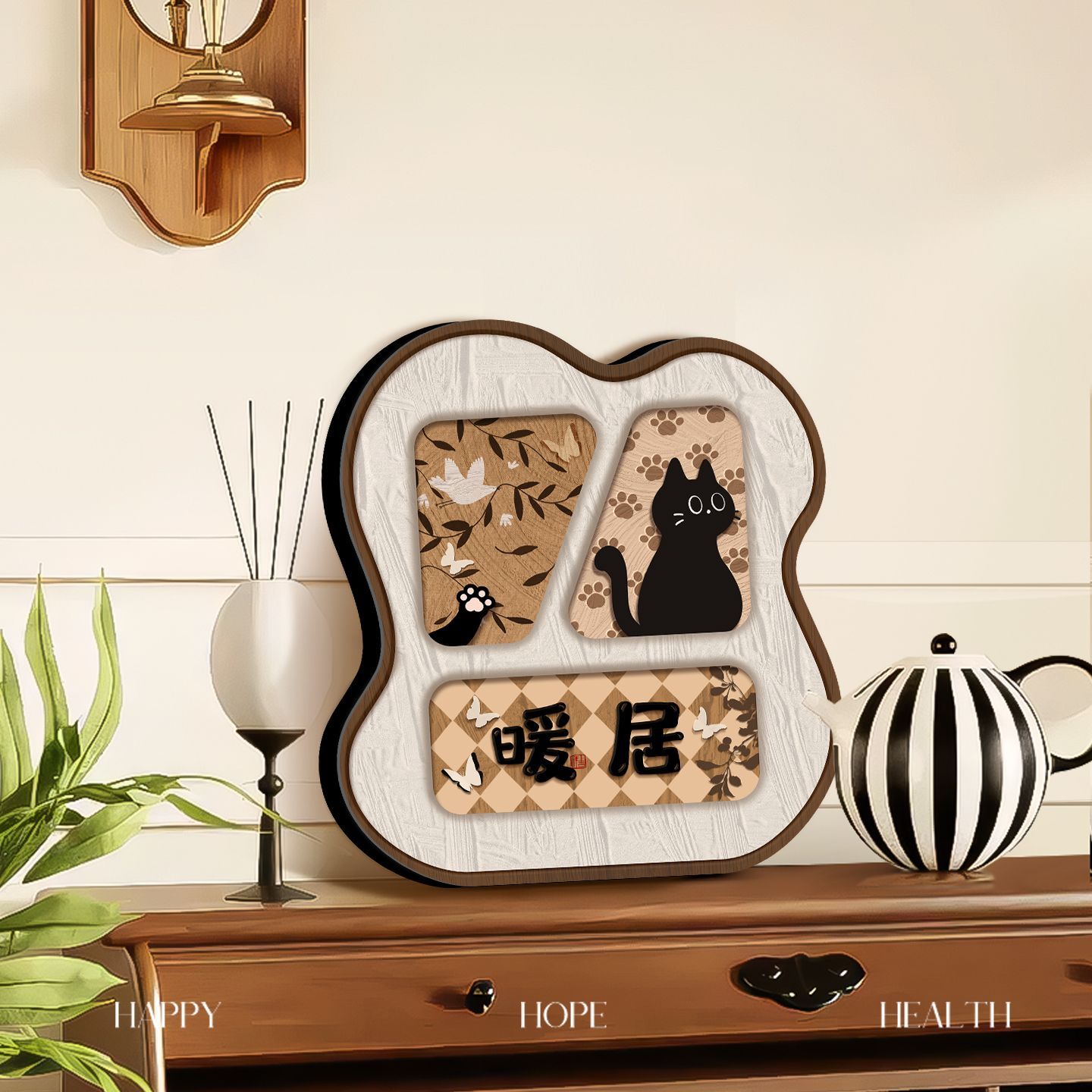 小猫玄关摆件入户时尚装饰画客厅卧室桌面中古风家居装饰摆件奶油图片