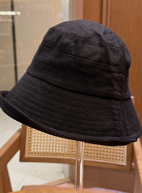 2025棉麻纯色黑色渔夫帽显脸小休闲户外逛街遮阳盆帽防紫外线凉帽