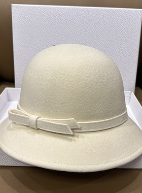 法式优雅蝴蝶结纯羊毛呢礼帽女气质百搭盆帽白色小帽檐羊绒毡帽潮