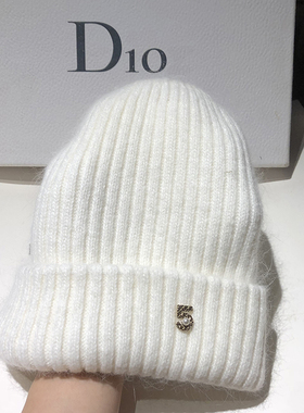 秋冬兔毛毛线帽百搭针织帽保暖护耳帽软糯卷边网红ins显脸小白色