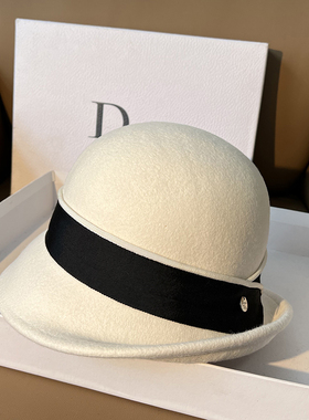 秋冬法式优雅羊毛呢礼帽女士逛街盆帽蝴蝶结白色羊绒毡帽洋气圆顶