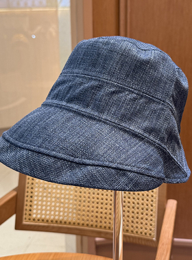 春夏薄款宽沿遮阳盆帽女平顶防晒紫外线渔夫帽轻薄大头围复古蓝色