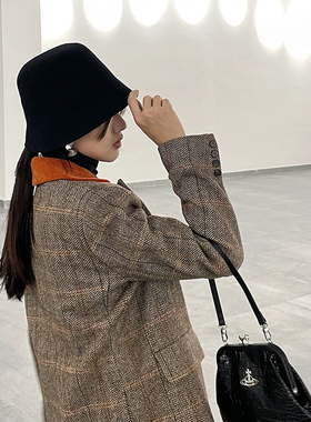 黑色羊毛呢水桶帽休闲简约盆帽女显脸小时尚保暖凹造型可折叠渔夫