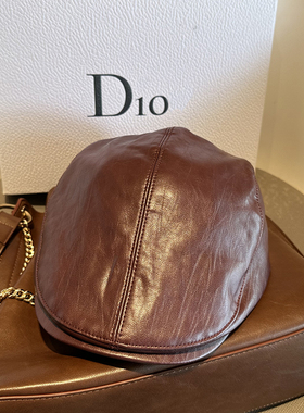 皮质前进帽显脸小反戴鸭舌帽日本百搭贝雷帽纯色安哥拉红休闲蓓蕾