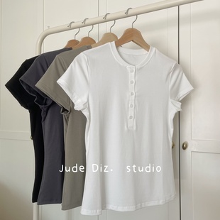 显瘦百搭打底上衣纯色百搭大码 T恤女修身 亨利领短袖 兰精莫棉薄款