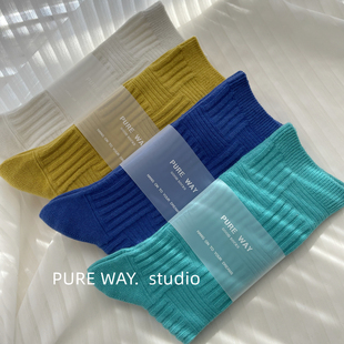 原创编织纹高级定染韩国纯色双针堆堆袜子女ins纯棉中高长筒秋冬