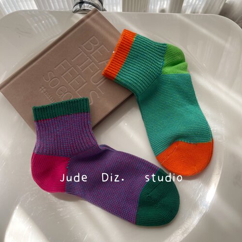 外贸出口纯棉无骨撞色粗线短袜