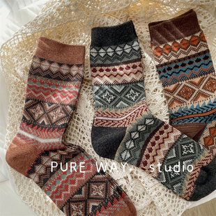 日单复古无骨民族风双针双路中高筒袜子男女情侣精梳棉秋冬堆堆袜