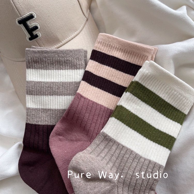 韩国进口拼色两杠纯棉螺纹中筒袜子女士时尚运动潮ins简约春秋冬,女士内衣/男士内衣/家居服,中筒袜,淘宝优惠券,粉丝福利购,淘宝优惠卷