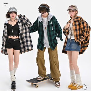 森女部落原创男友风无性别格子衬衫 连帽外套休闲宽松上衣2025新款