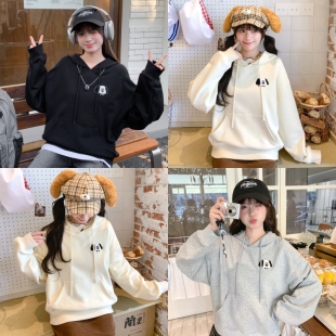 森女部落甜美风卡通小狗刺绣连帽卫衣女春秋新款 纯棉百搭宽松上衣