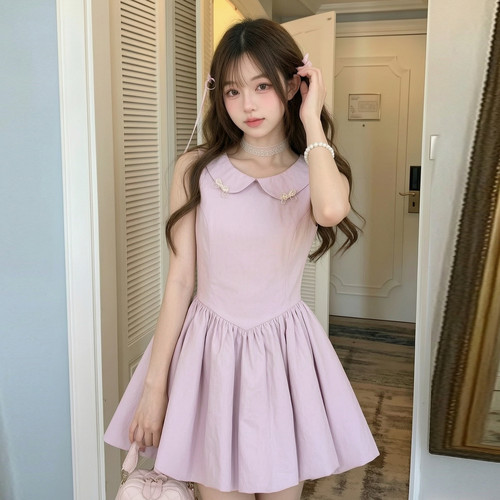 森女部落甜美气质无袖连衣裙女2026新款娃娃领收腰显瘦A字裙夏季