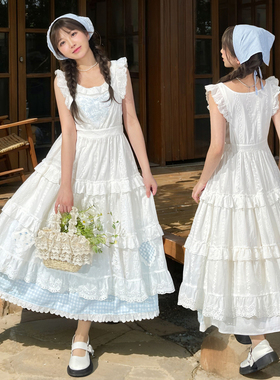森女部落原创白色全棉A字裙甜美法式轻lo连衣裙罩裙小飞袖蛋糕裙