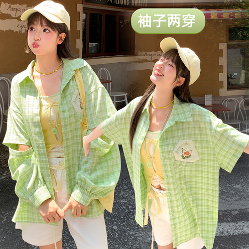 绿色格子短袖衬衫女夏季防晒外套
