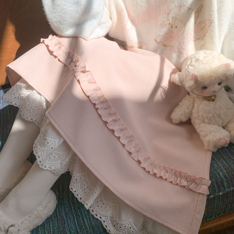 森女部落学院风高腰A字半身裙女2025新款冬季蕾丝拼接设计感长裙