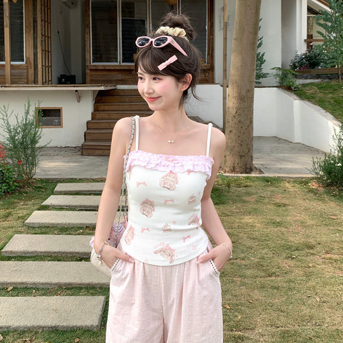 森女部落可爱少女设计感外穿小吊带背心女无袖内搭卡通印花上衣夏