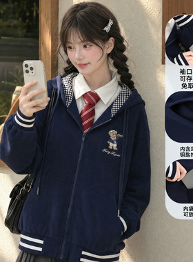 森女部落学院风少女藏青色连帽外套女上衣秋新款刺绣宽松长袖卫衣