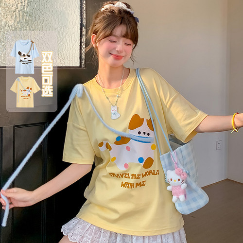 森女部落可爱卡通小猫黄色短袖T恤女夏季新款薄款宽松多巴胺上衣