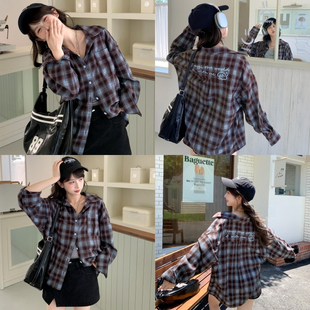 上衣女2025新款 格子衬衫 百搭外套秋 宽松长袖 森女部落港风甜酷个性