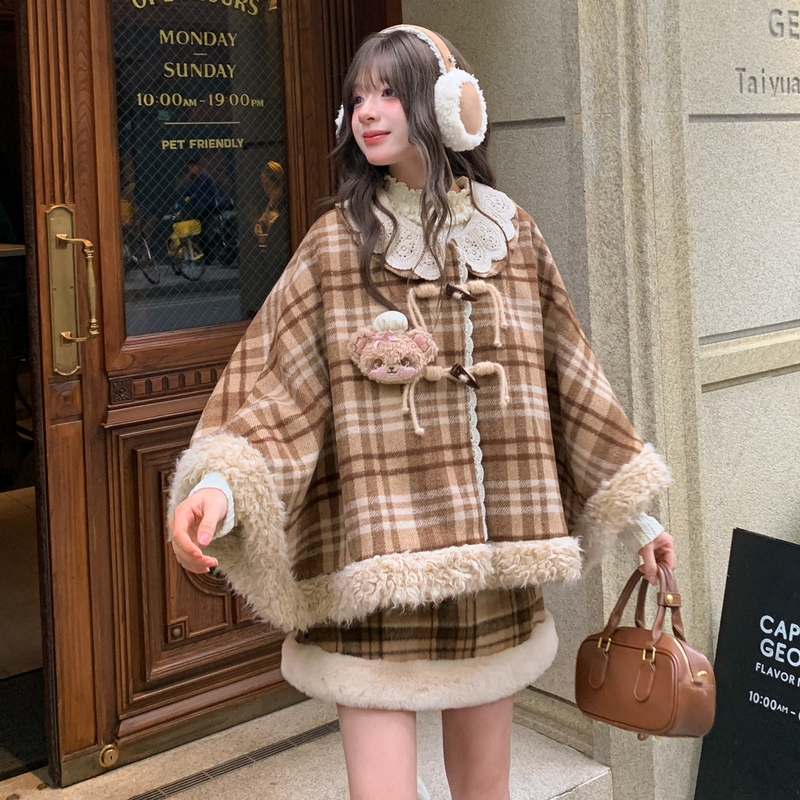 上新限时88折森女部落甜美风撞色格子毛呢外套女小熊宽松斗篷冬季