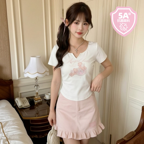 森女部落甜美5A抗菌T恤女夏季修身V领短袖小熊凉感短款上衣夏