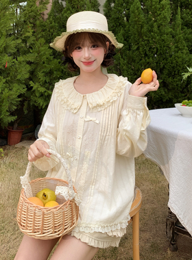 森女部落甜妹风蕾丝娃娃领衬衫女新款小鹿刺绣蝴蝶结宽松日常上衣