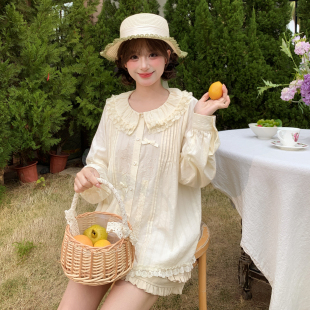 森女部落甜妹风蕾丝娃娃领衬衫 小鹿刺绣蝴蝶结宽松日常上衣 女新款