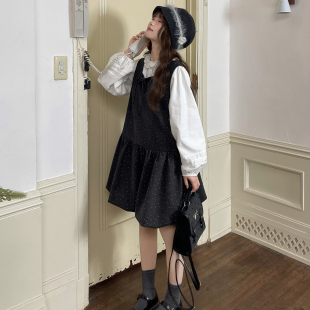森女部落甜美风波点背心裙女百褶裙摆新款 早春百搭叠穿宽松连衣裙