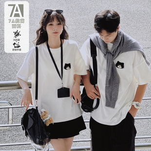 森女部落甜美卡通猫咪圆领休闲短袖 设计感小众上衣夏 T恤女情侣装