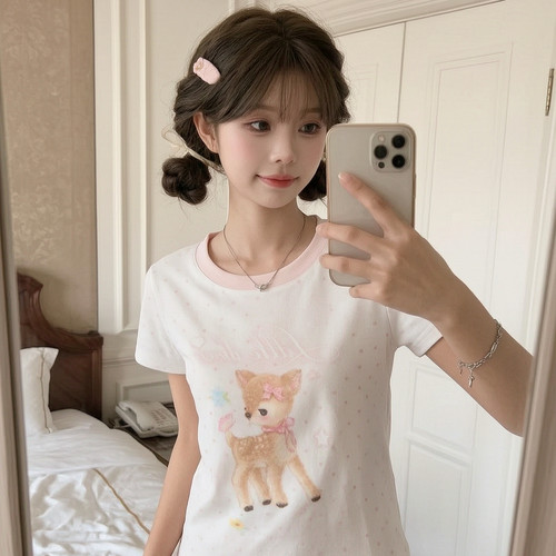 森女部落甜美林中小鹿波点修身短袖T恤女2026新款撞色圆领上衣夏