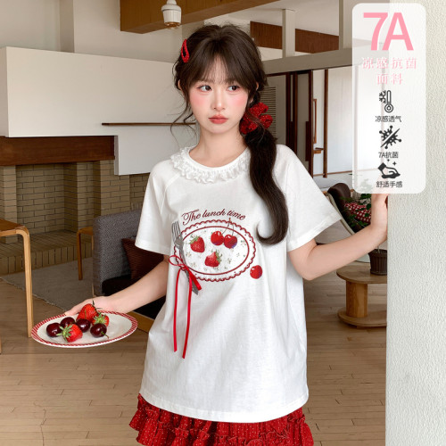 森女部落甜美蕾丝领草莓刺绣宽松显瘦纯棉短袖T恤女2026新款夏季