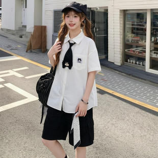 森女部落黑猫领结白衬衫女夏季日常宽松休闲短袖衬衣上衣新款