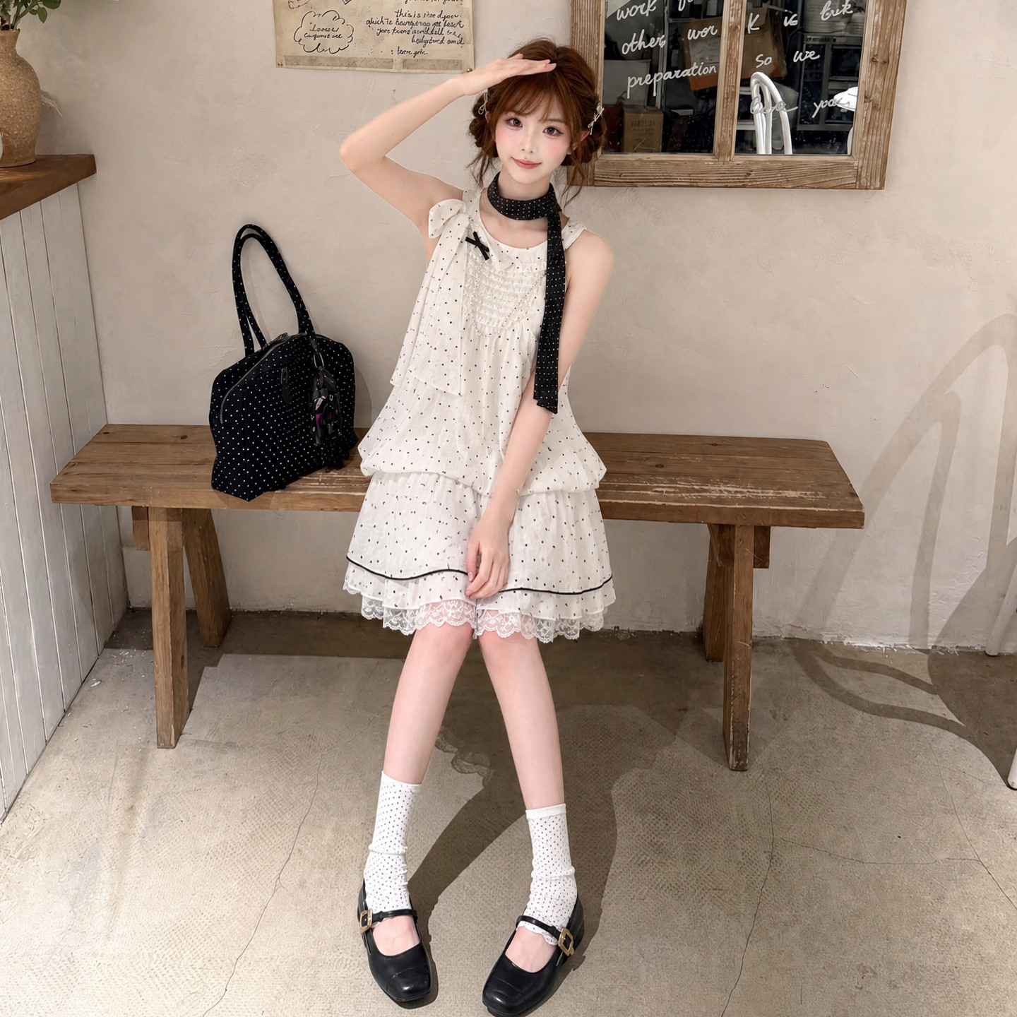 森女部落甜美风蕾丝拼接设计感夏季白色波点无袖挂脖连衣裙女新款