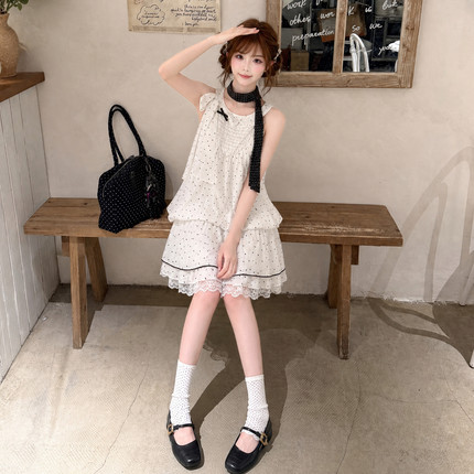 森女部落甜美风蕾丝拼接设计感夏季白色波点无袖挂脖连衣裙女新款