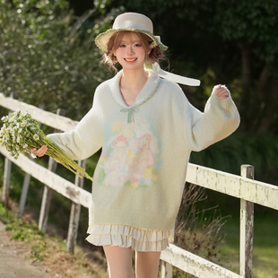 森女部落甜美风可爱小熊V领毛衣女2026新款百搭宽松套头针织衫春